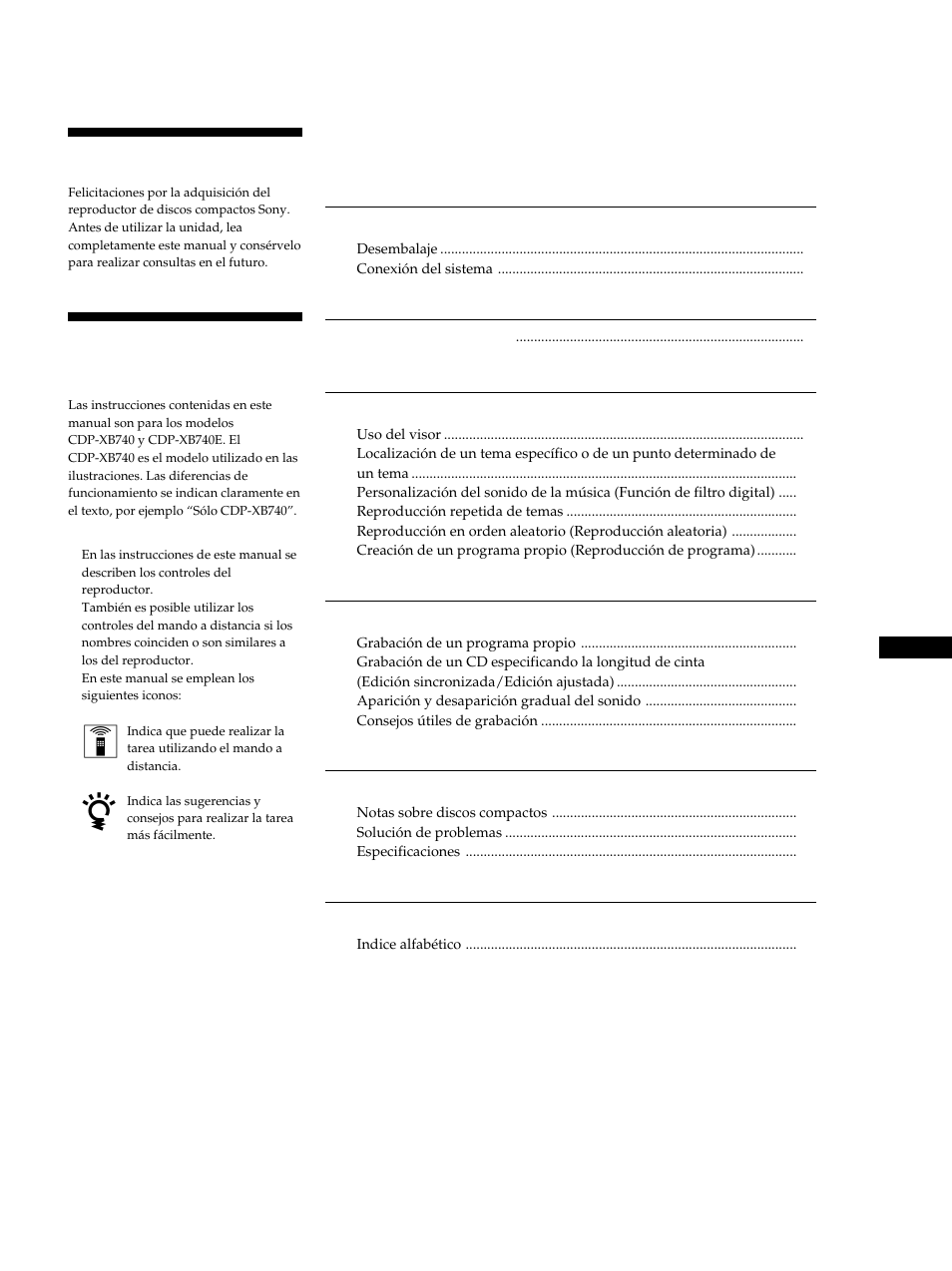 Bienvenido, Acerca de este manual, Ndice | Sony CDP-XB740 User Manual | Page 63 / 84
