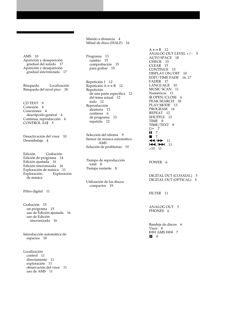 Indice alfabético | Sony CDP-XB740 User Manual | Page 81 / 84