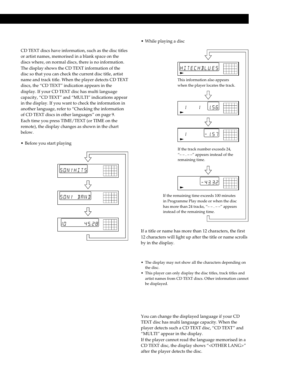 Playing cds, Checking the information of cd text discs, Continued) | While playing a disc, Before you start playing, Press | Sony CDP-XB740 User Manual | Page 9 / 84