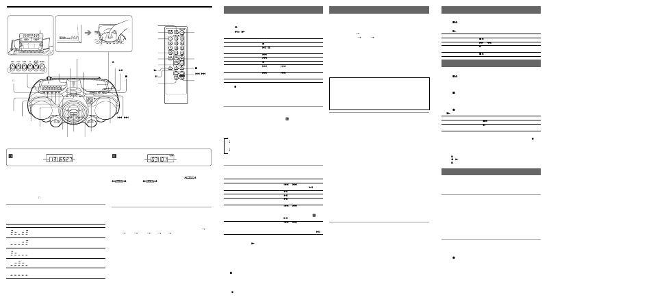 Listening to the radio, Location of controls, Playing a cd | Playing a tape, Recording, Connecting optional components, Presetting radio stations, Playing preset radio stations 1, Using the display, Selecting the play mode | Sony CFD-G500L User Manual | Page 2 / 2