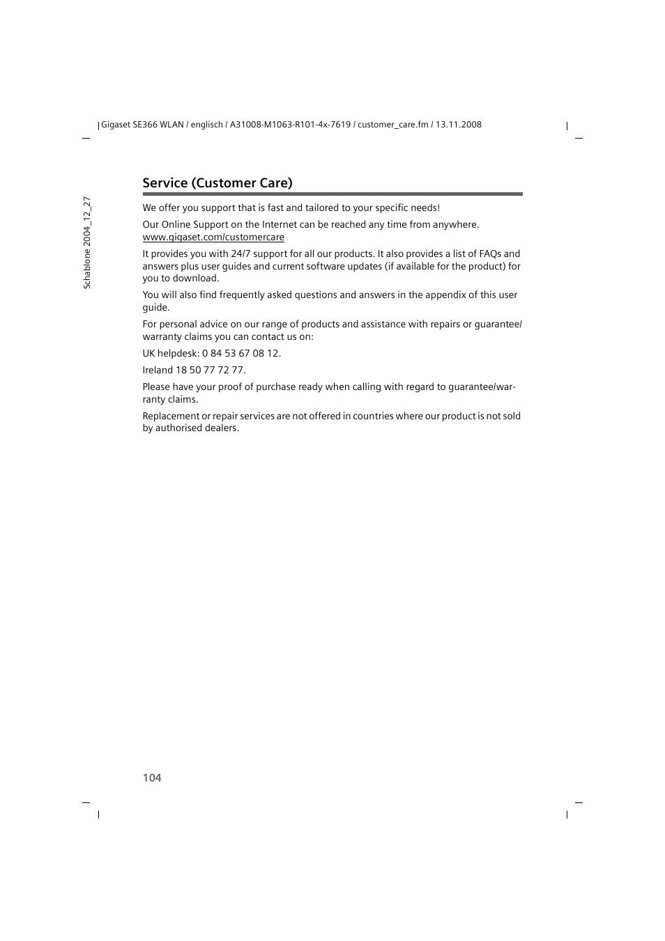 Service (customer care) | Sony SE366 User Manual | Page 104 / 124