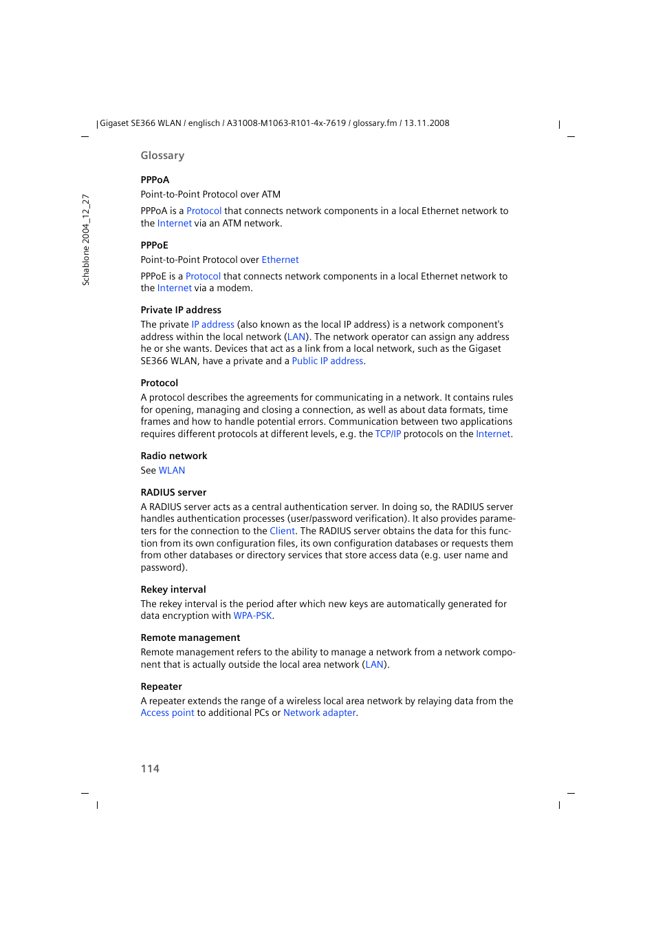 Pppoe, Radio network, Protocol | Rekey interval, Private ip address, An's, Private ip addresse, And a, Private, Ip address | Sony SE366 User Manual | Page 114 / 124