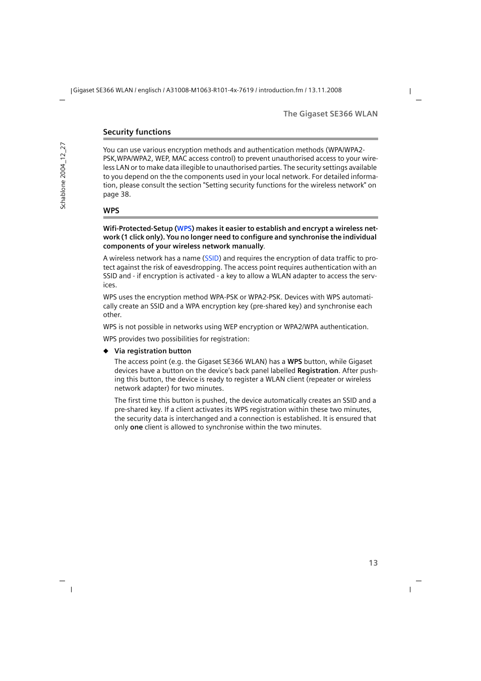 Security functions, Security functions wps | Sony SE366 User Manual | Page 13 / 124