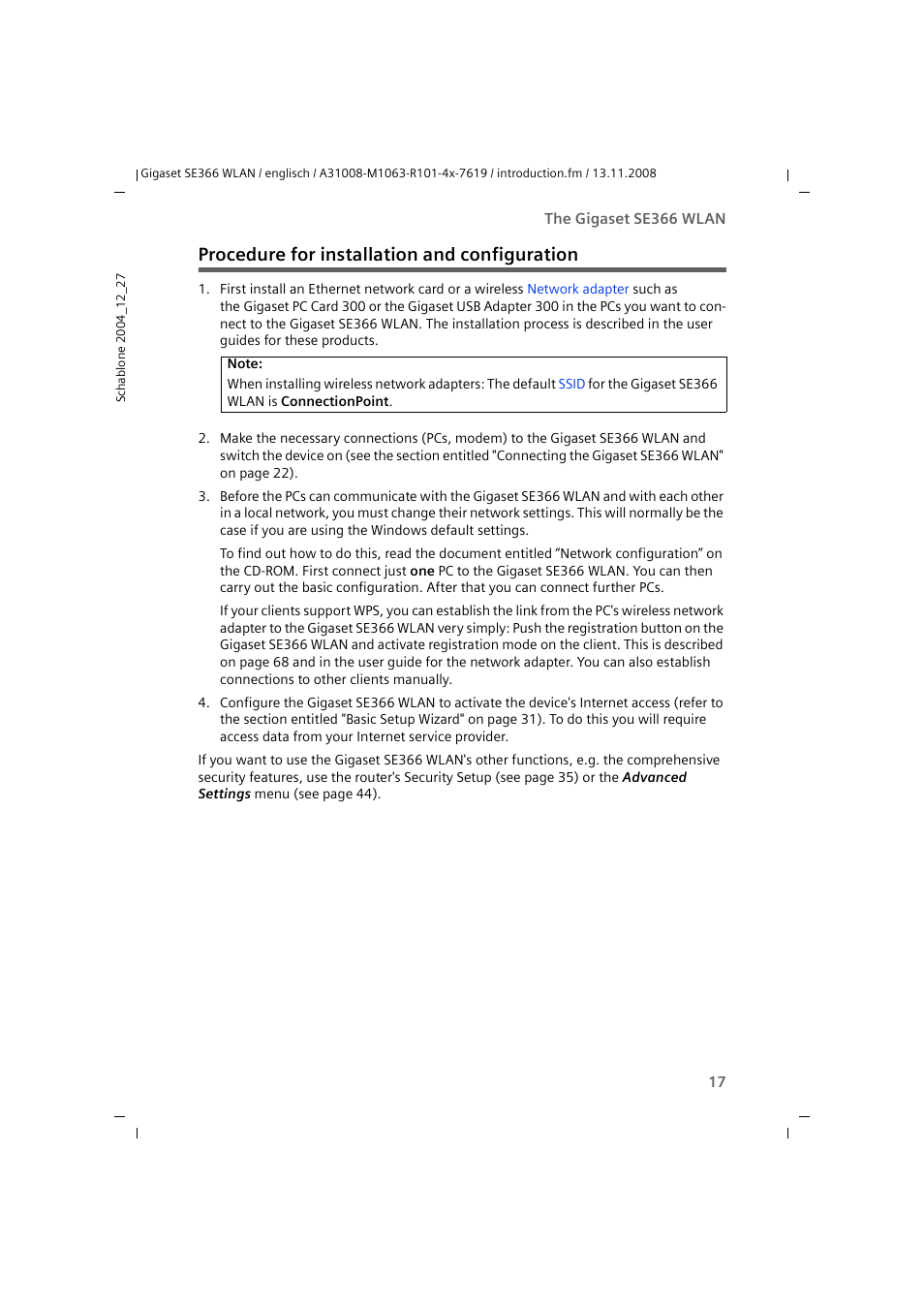 Procedure for installation and configuration | Sony SE366 User Manual | Page 17 / 124