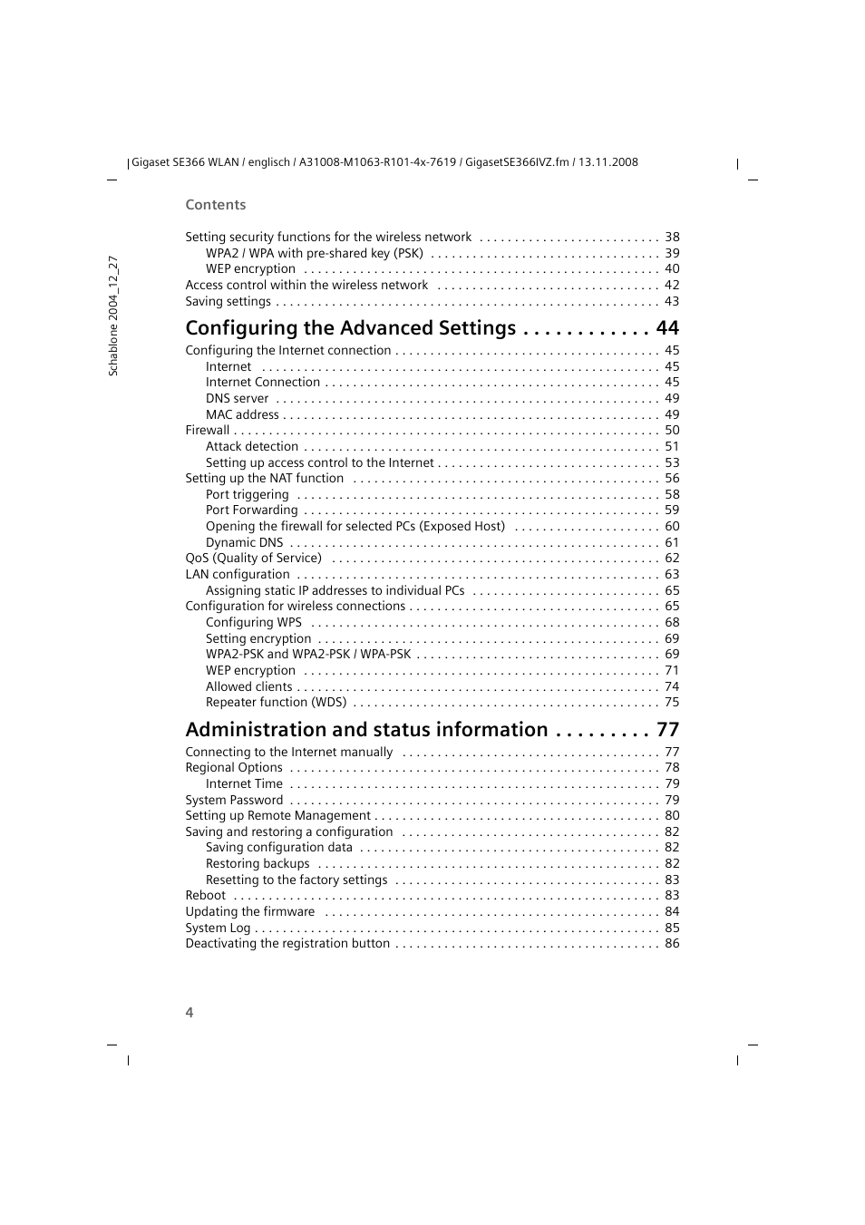 Configuring the advanced settings, Administration and status information | Sony SE366 User Manual | Page 4 / 124