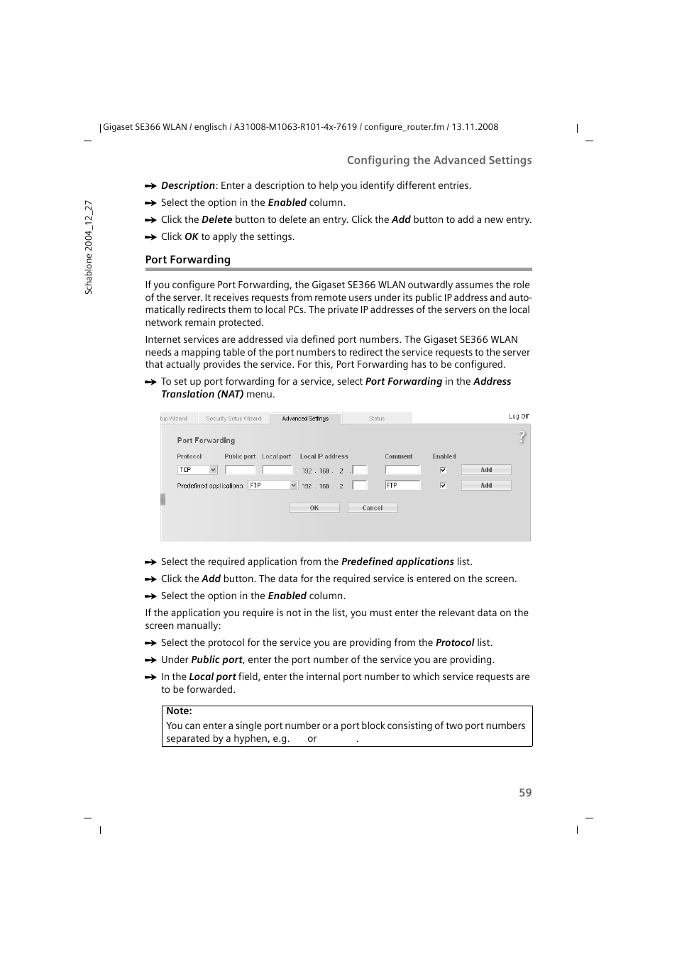 Port forwarding | Sony SE366 User Manual | Page 59 / 124