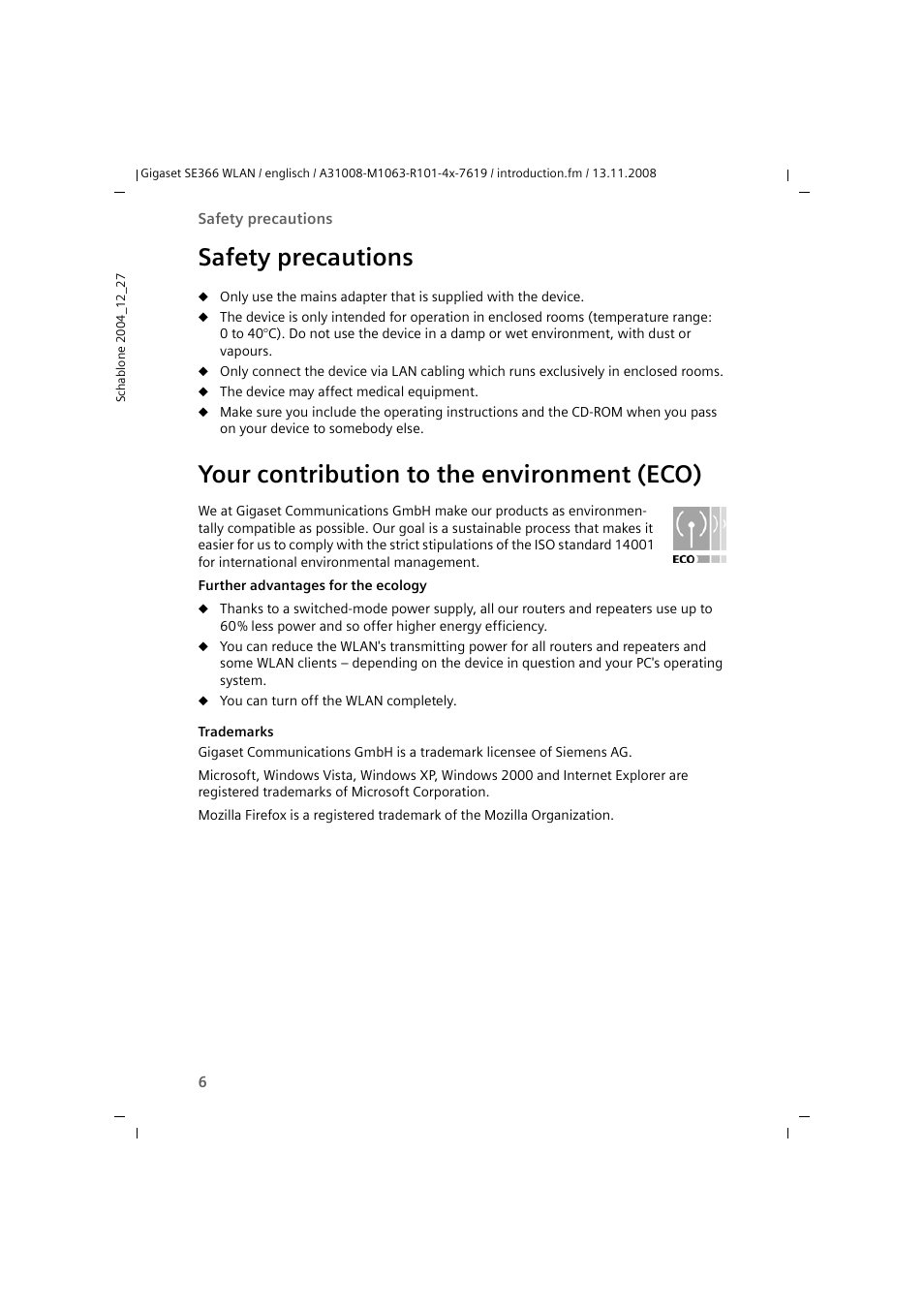 Safety precautions, Your contribution to the environment (eco) | Sony SE366 User Manual | Page 6 / 124