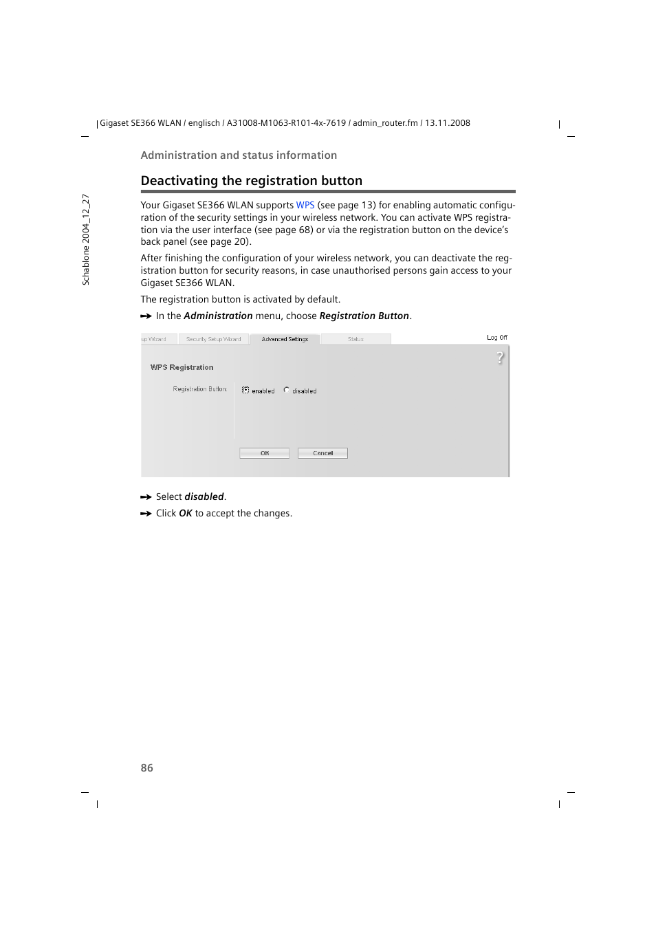 Deactivating the registration button | Sony SE366 User Manual | Page 86 / 124