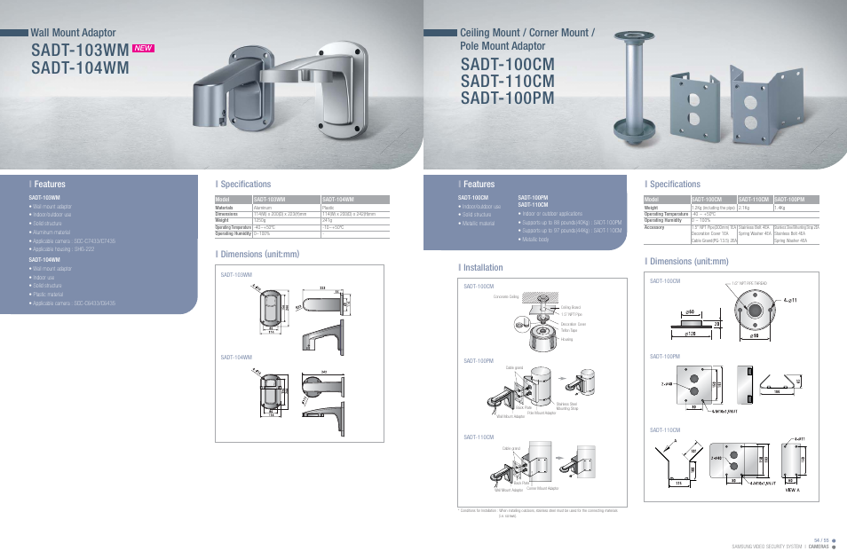 Ceiling mount / corner mount / pole mount adaptor, Wall mount adaptor, Installation | Specifications | features, Dimensions (unit:mm), Features, Specifications | Sony SCC-C7435 User Manual | Page 3 / 5