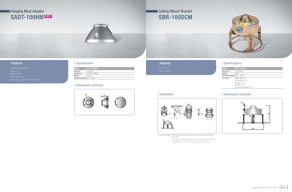 Sbr-100dcm, Sadt-100hm, Ceiling-mount bracket | Hanging mout adaptor, Dimensions (unit:mm), Specifications, Features, Installation, Features | specifications | Sony SCC-C7435 User Manual | Page 4 / 5