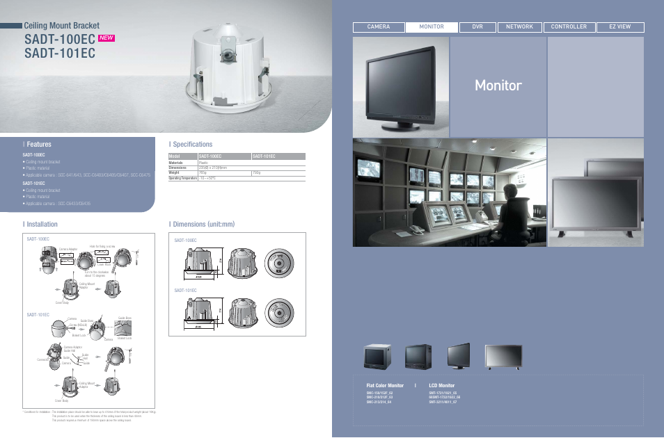 Monitor, Ceiling mount bracket, Dimensions (unit:mm) | Features, Installation, Specifications | Sony SCC-C7435 User Manual | Page 5 / 5