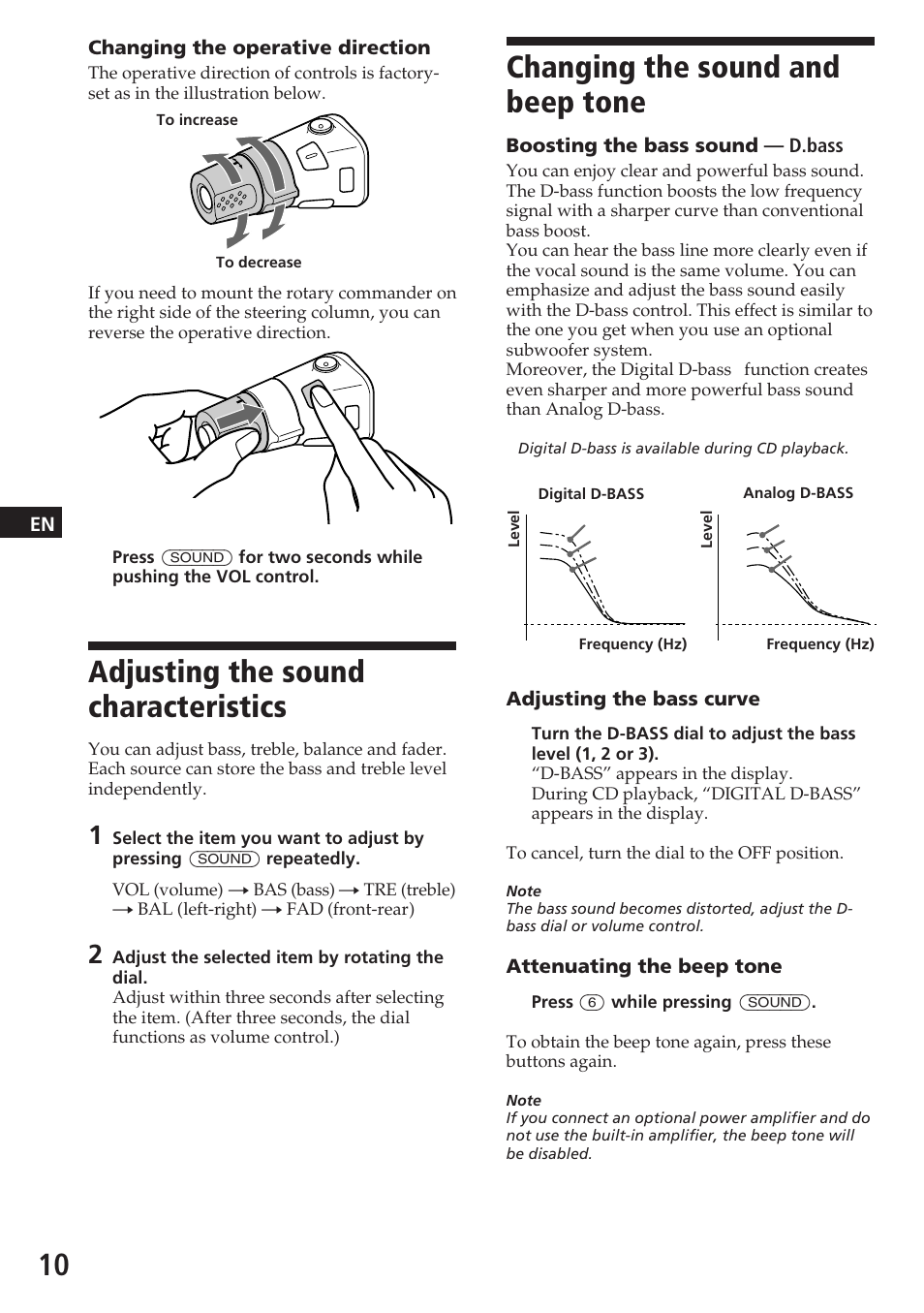 Changing the sound and beep tone, Adjusting the sound characteristics | Sony CDX-4180 User Manual | Page 10 / 16