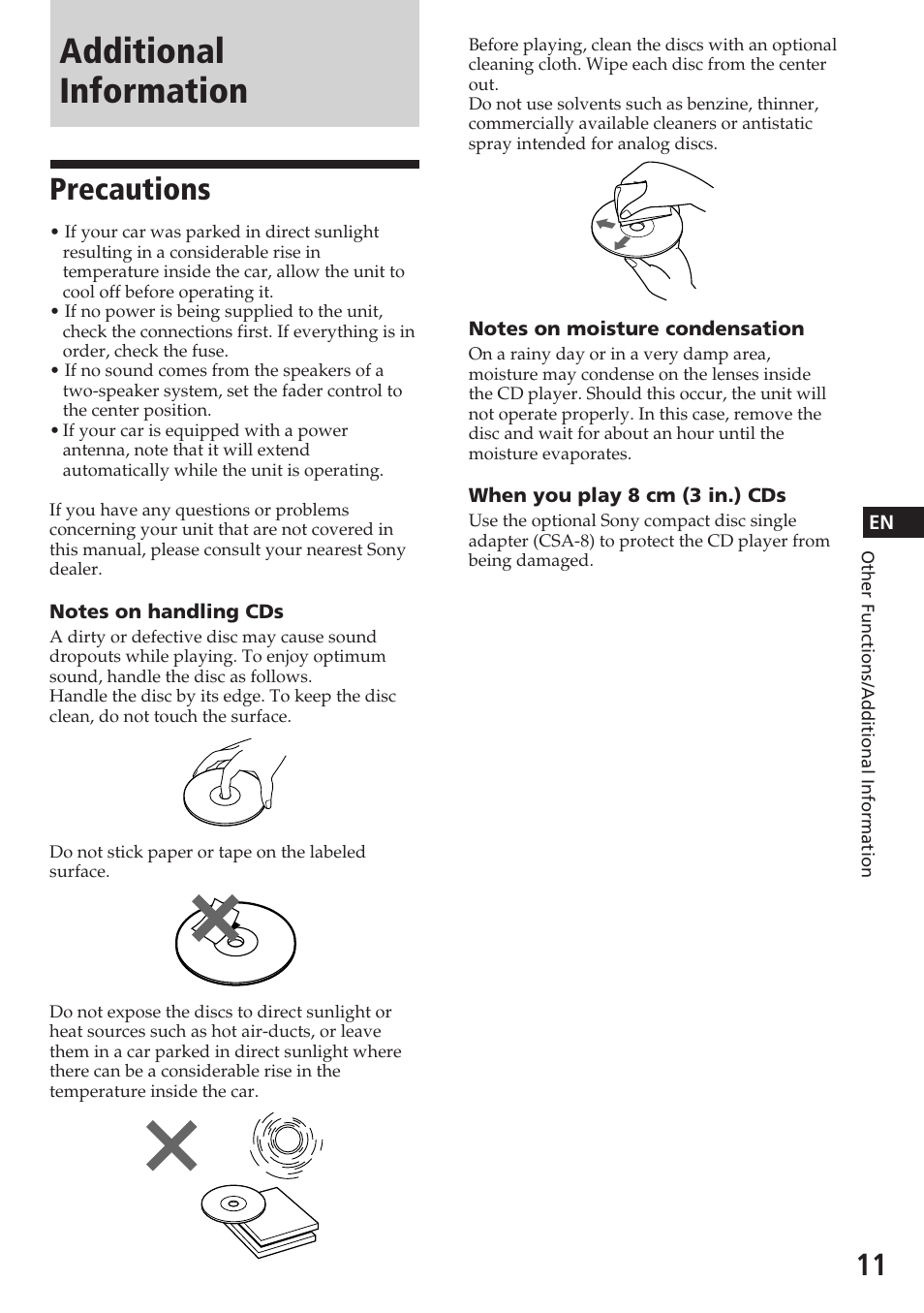 Additional information, Precautions | Sony CDX-4180 User Manual | Page 11 / 16