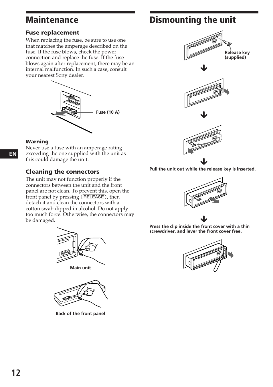 Maintenance, Dismounting the unit | Sony CDX-4180 User Manual | Page 12 / 16