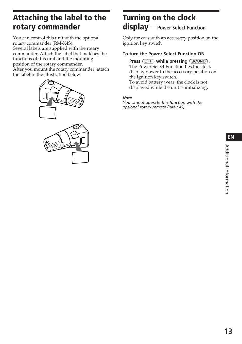 Attaching the label to the rotary commander, Turning on the clock display | Sony CDX-4180 User Manual | Page 13 / 16