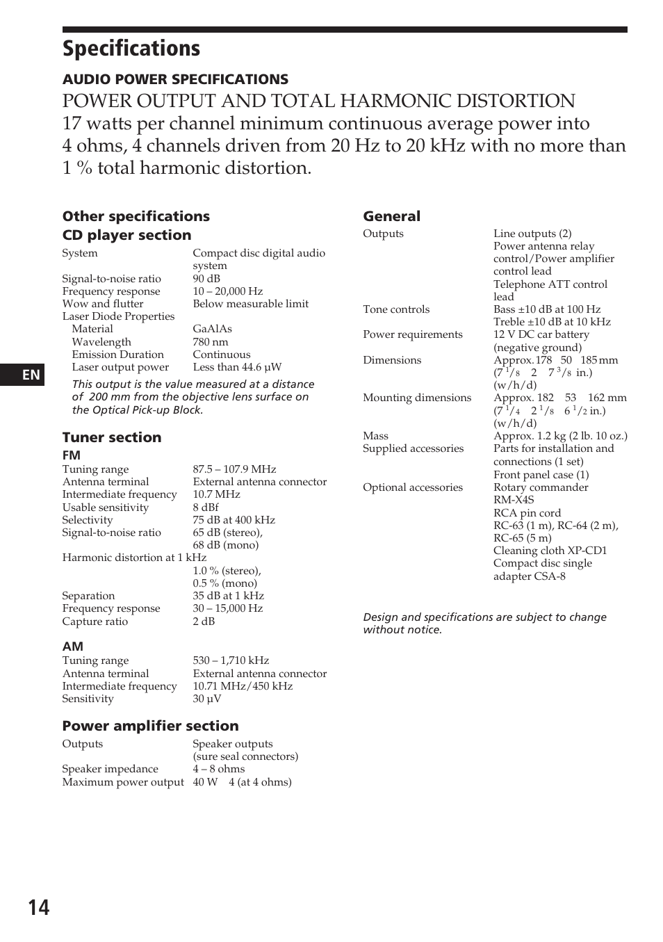 Specifications, Audio power specifications, General | Sony CDX-4180 User Manual | Page 14 / 16