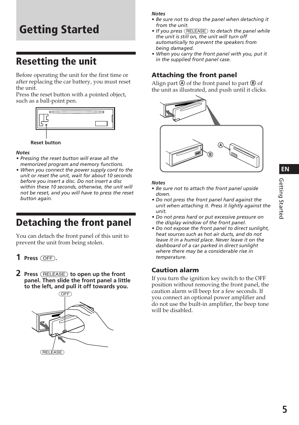 Getting started, Resetting the unit, Detaching the front panel | Sony CDX-4180 User Manual | Page 5 / 16