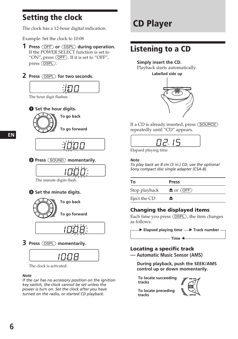 Cd player, Setting the clock, Listening to a cd | Sony CDX-4180 User Manual | Page 6 / 16