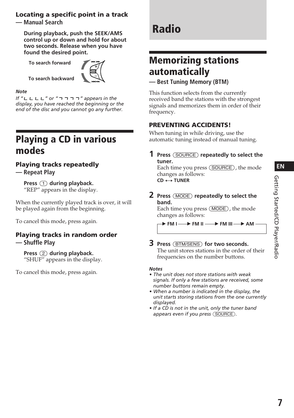 Radio, Playing a cd in various modes | Sony CDX-4180 User Manual | Page 7 / 16