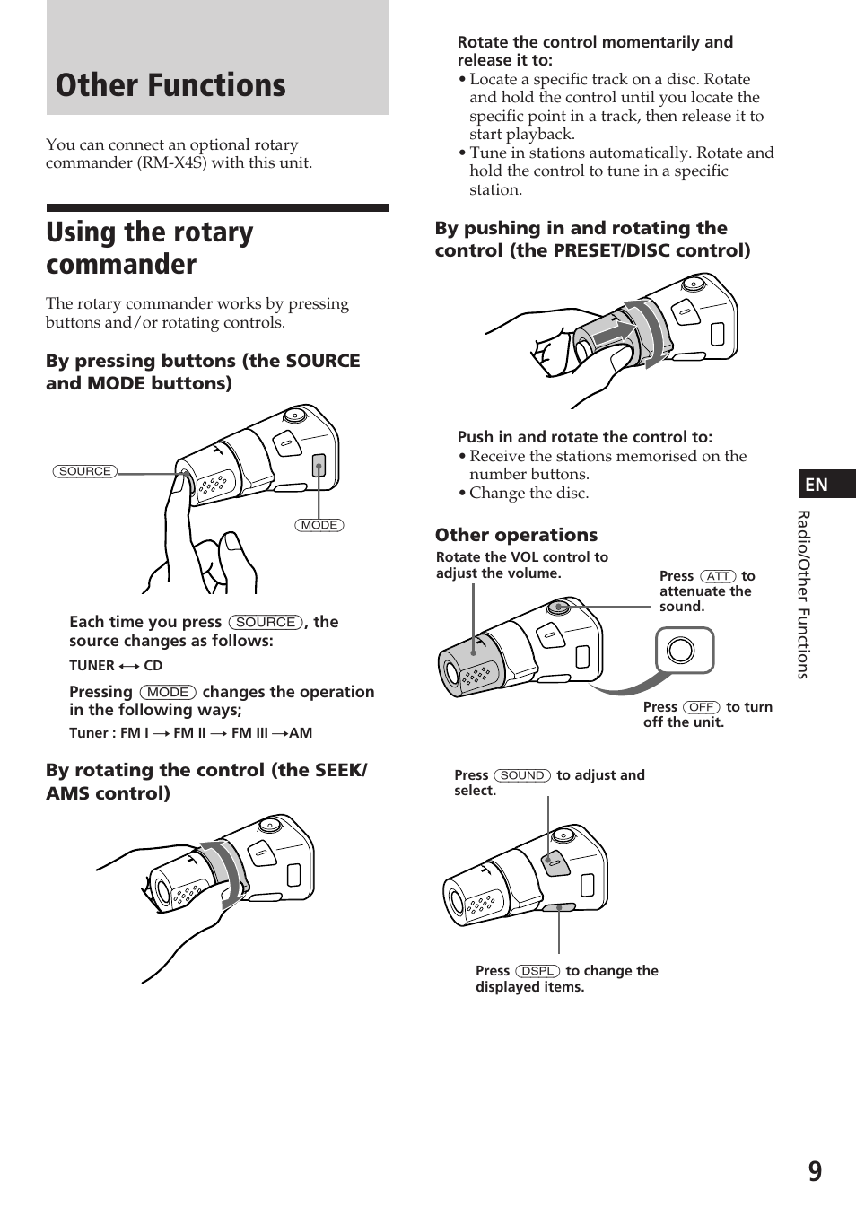 Other functions, Using the rotary commander | Sony CDX-4180 User Manual | Page 9 / 16