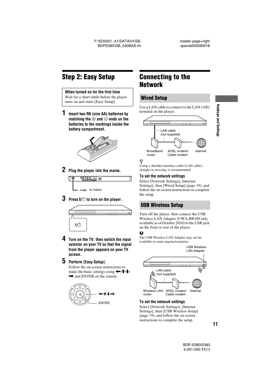 Step 2: easy setup, Connecting to the network, Wired setup | Usb wireless setup, Step 2: easy setup connecting to the network, Step 2: easy setup 1, Wired setup usb wireless setup | Sony BDP-S380/S383 User Manual | Page 11 / 27