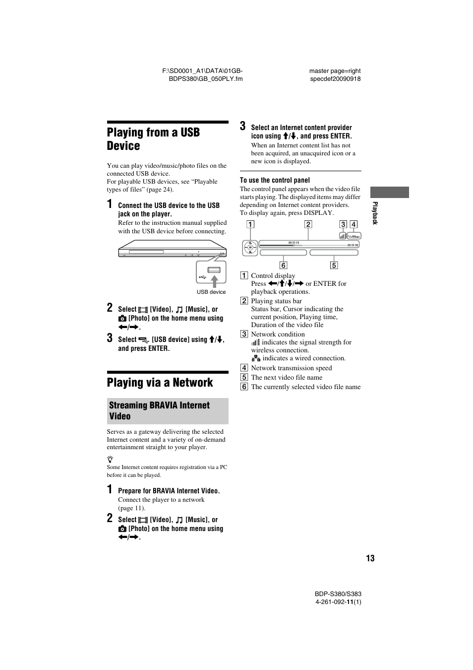 Playing from a usb device, Playing via a network, Streaming bravia internet video | Playing from a usb device playing via a network | Sony BDP-S380/S383 User Manual | Page 13 / 27