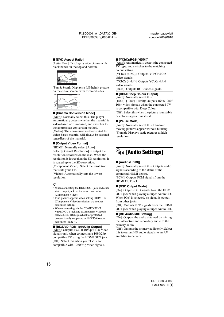 Audio settings | Sony BDP-S380/S383 User Manual | Page 16 / 27