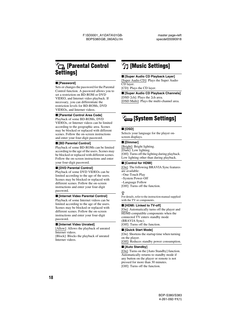 Parental control settings, Music settings, System settings | Sony BDP-S380/S383 User Manual | Page 18 / 27