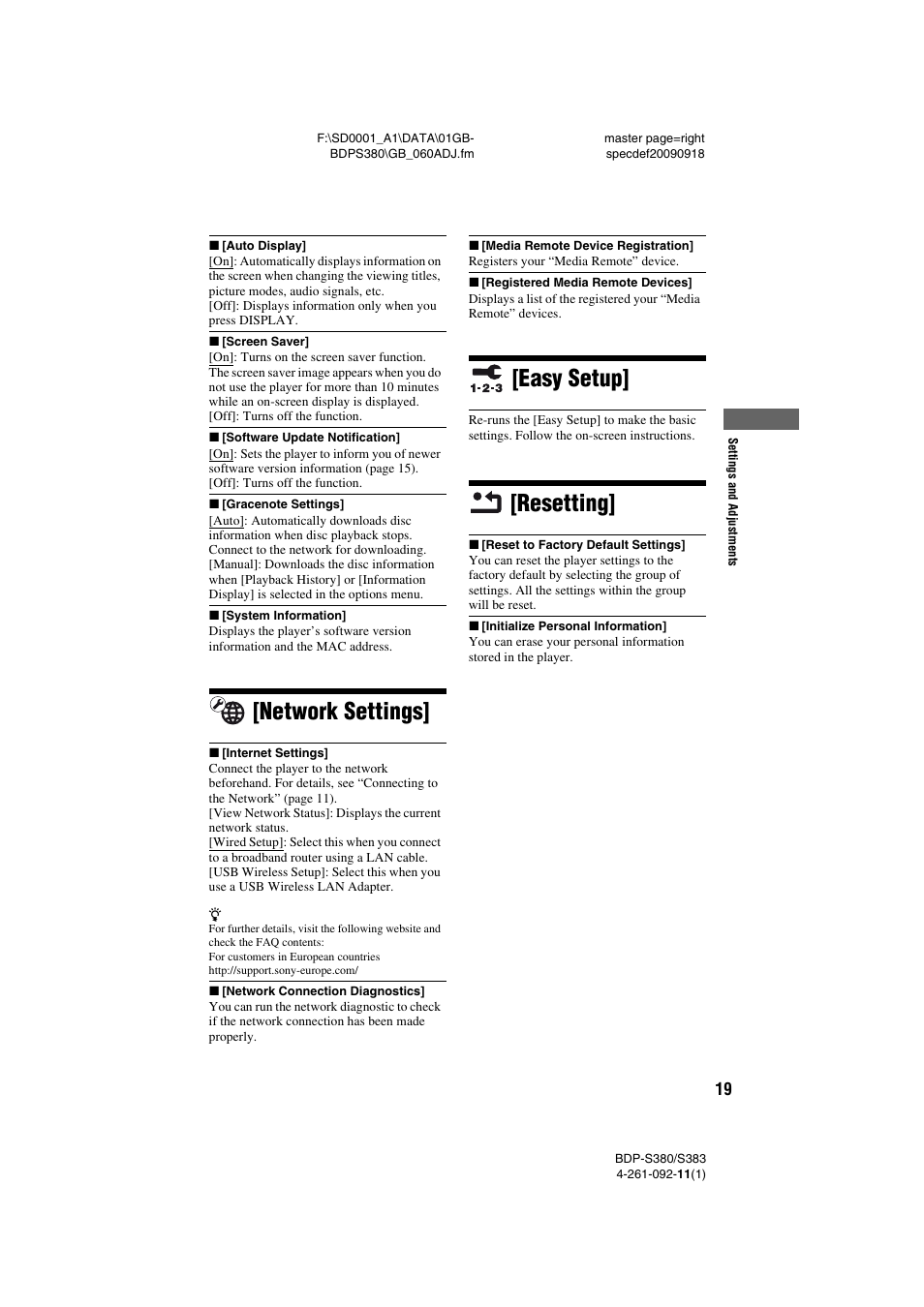 Network settings, Easy setup, Resetting | Network settings] [easy setup] [resetting | Sony BDP-S380/S383 User Manual | Page 19 / 27