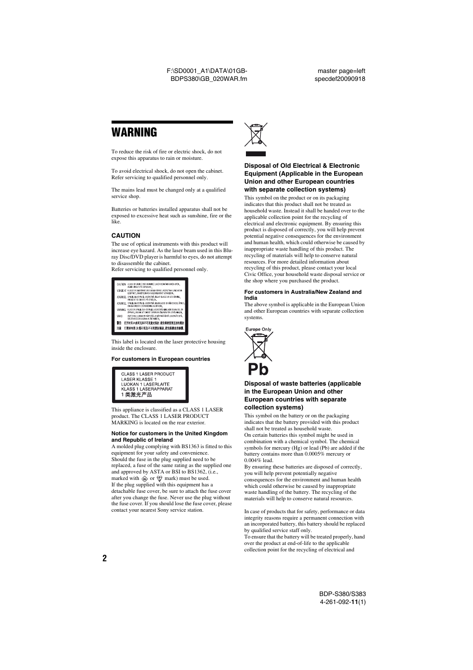 Warning | Sony BDP-S380/S383 User Manual | Page 2 / 27