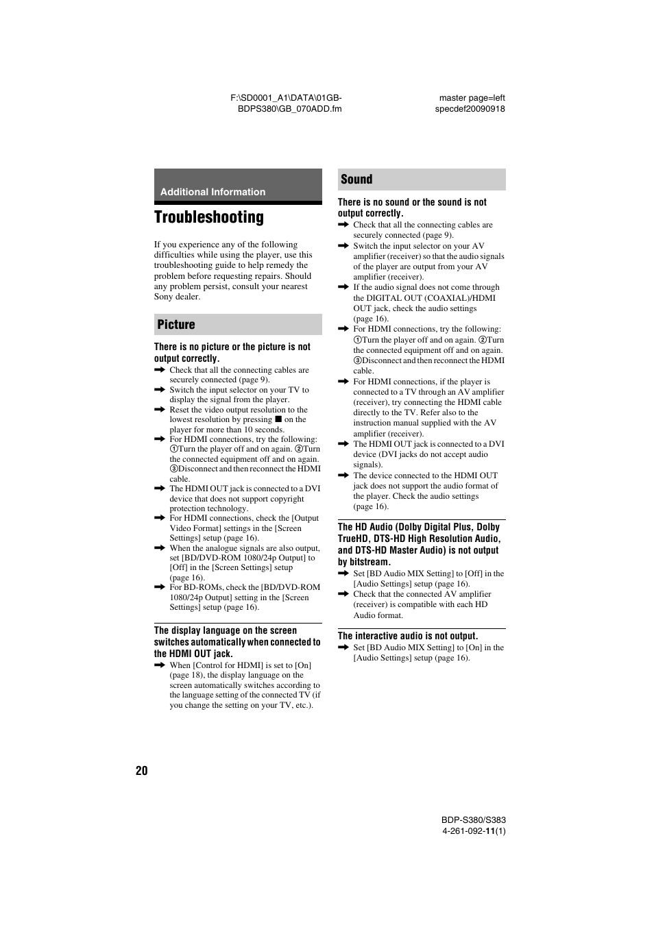 Additional information, Troubleshooting, Picture | Sound, Picture sound | Sony BDP-S380/S383 User Manual | Page 20 / 27