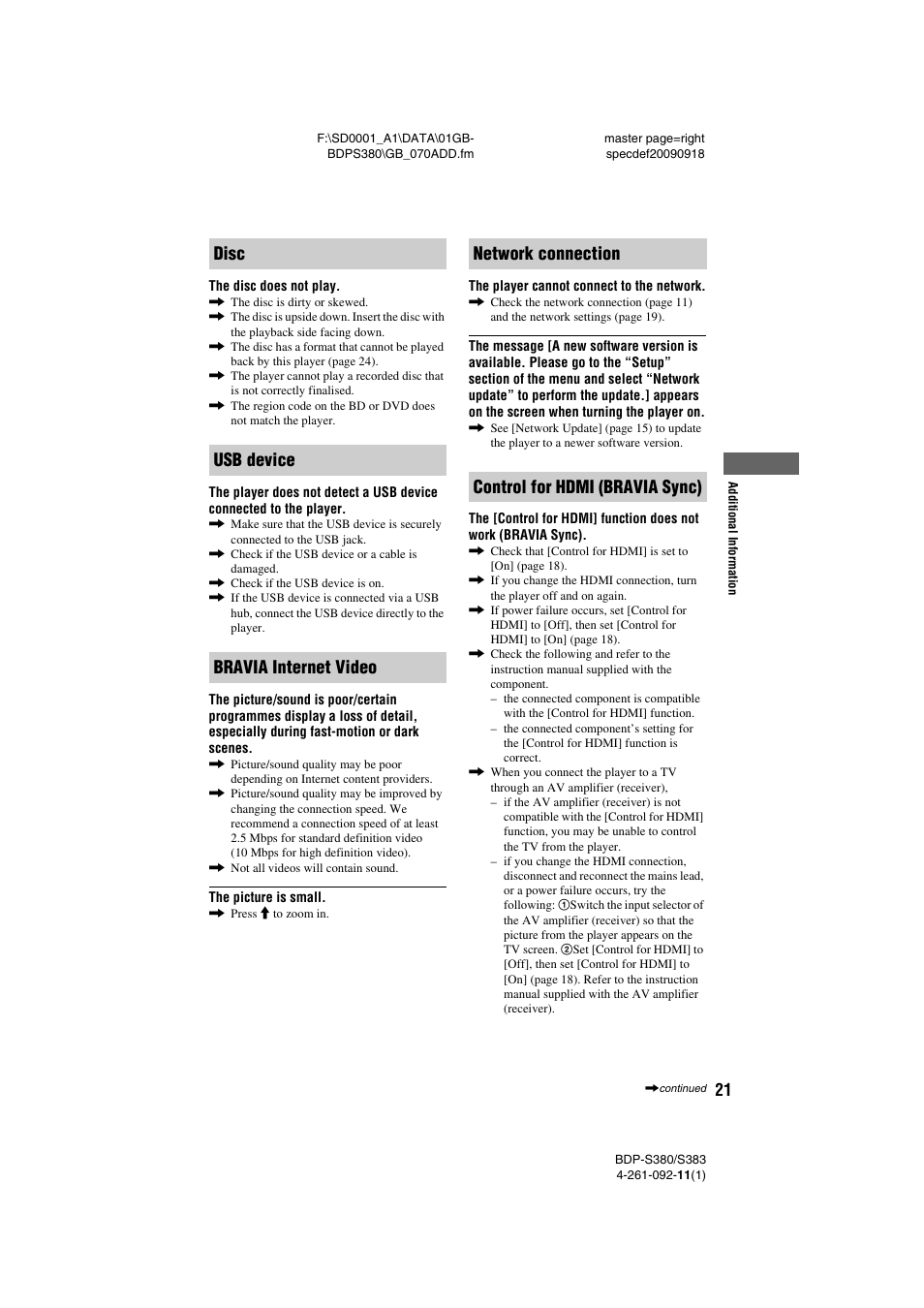 Disc, Usb device, Bravia internet video | Network connection, Control for hdmi (bravia sync) | Sony BDP-S380/S383 User Manual | Page 21 / 27
