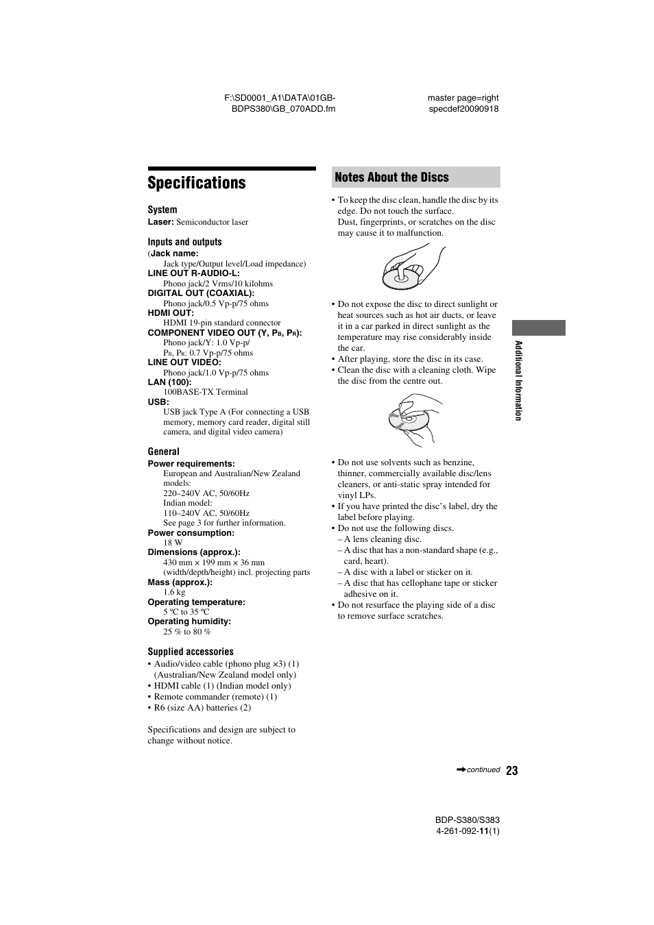 Specifications, Notes about the discs | Sony BDP-S380/S383 User Manual | Page 23 / 27