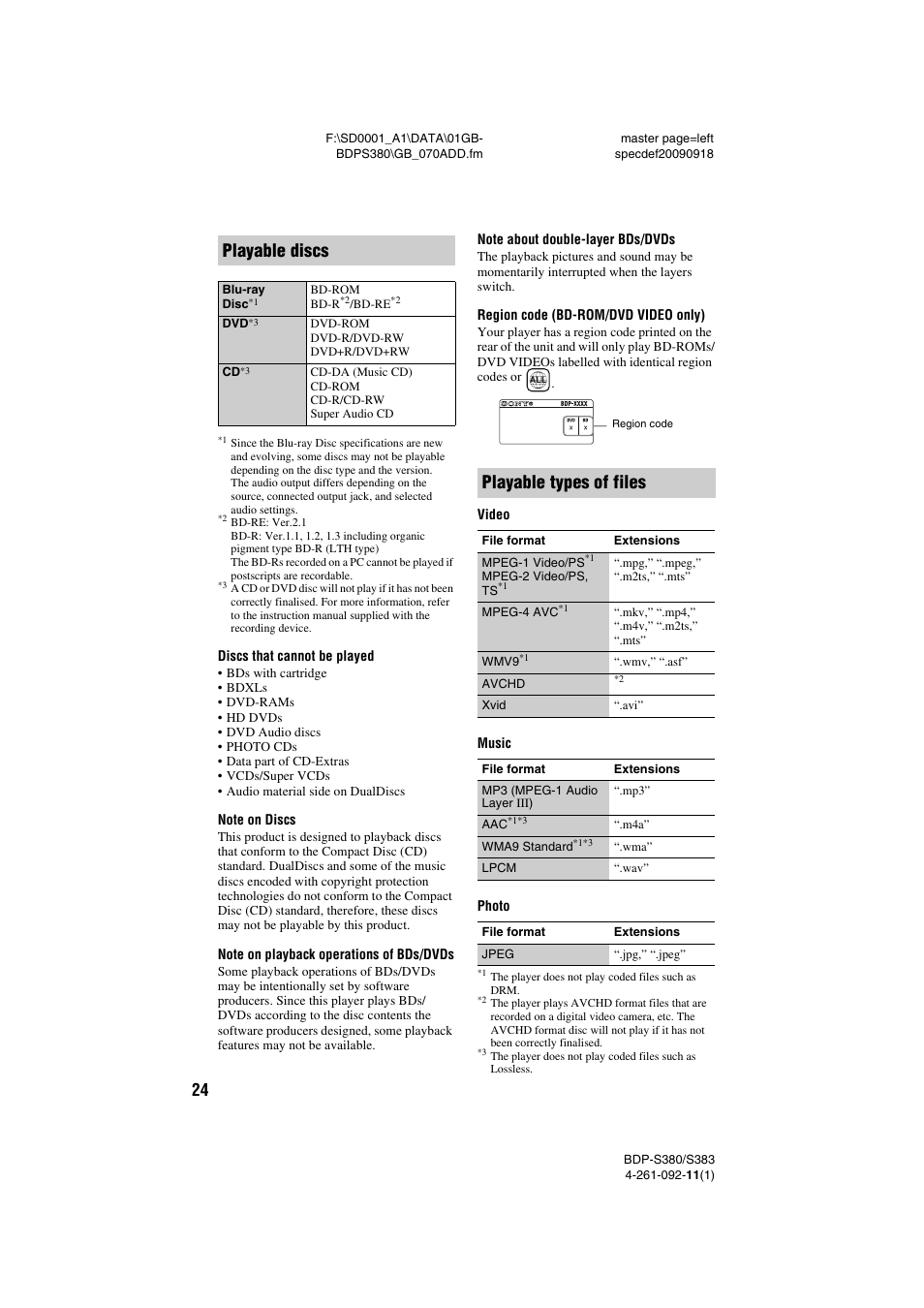 Playable discs, Playable types of files | Sony BDP-S380/S383 User Manual | Page 24 / 27