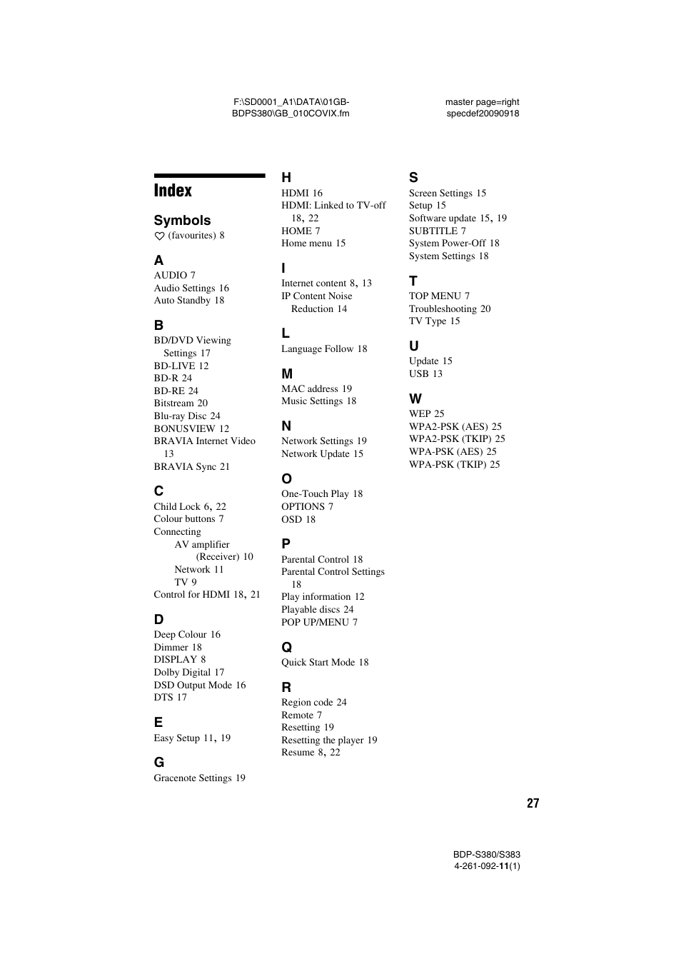 Index | Sony BDP-S380/S383 User Manual | Page 27 / 27