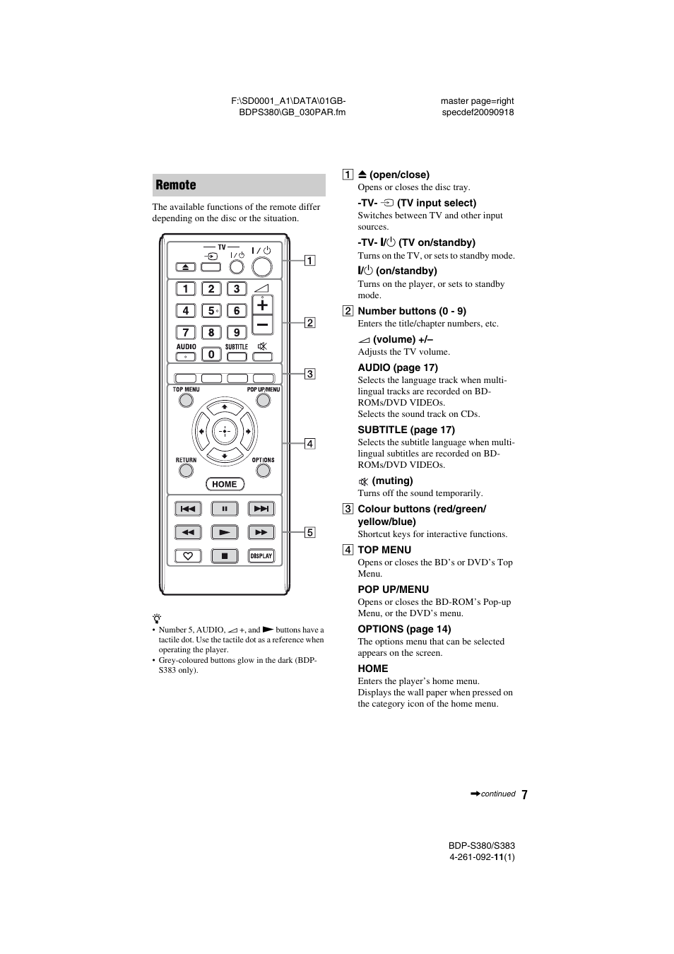 Remote | Sony BDP-S380/S383 User Manual | Page 7 / 27