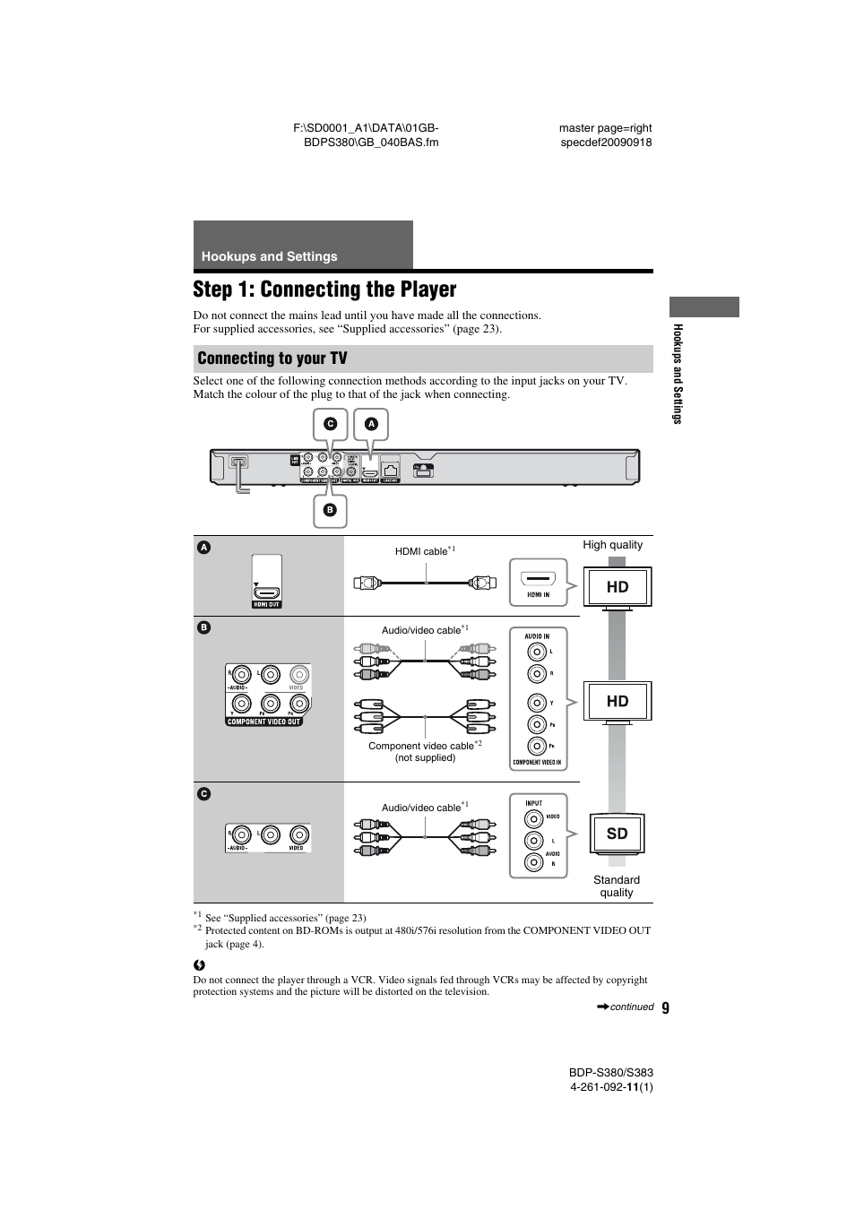 Hookups and settings, Step 1: connecting the player, Connecting to your tv | Sony BDP-S380/S383 User Manual | Page 9 / 27