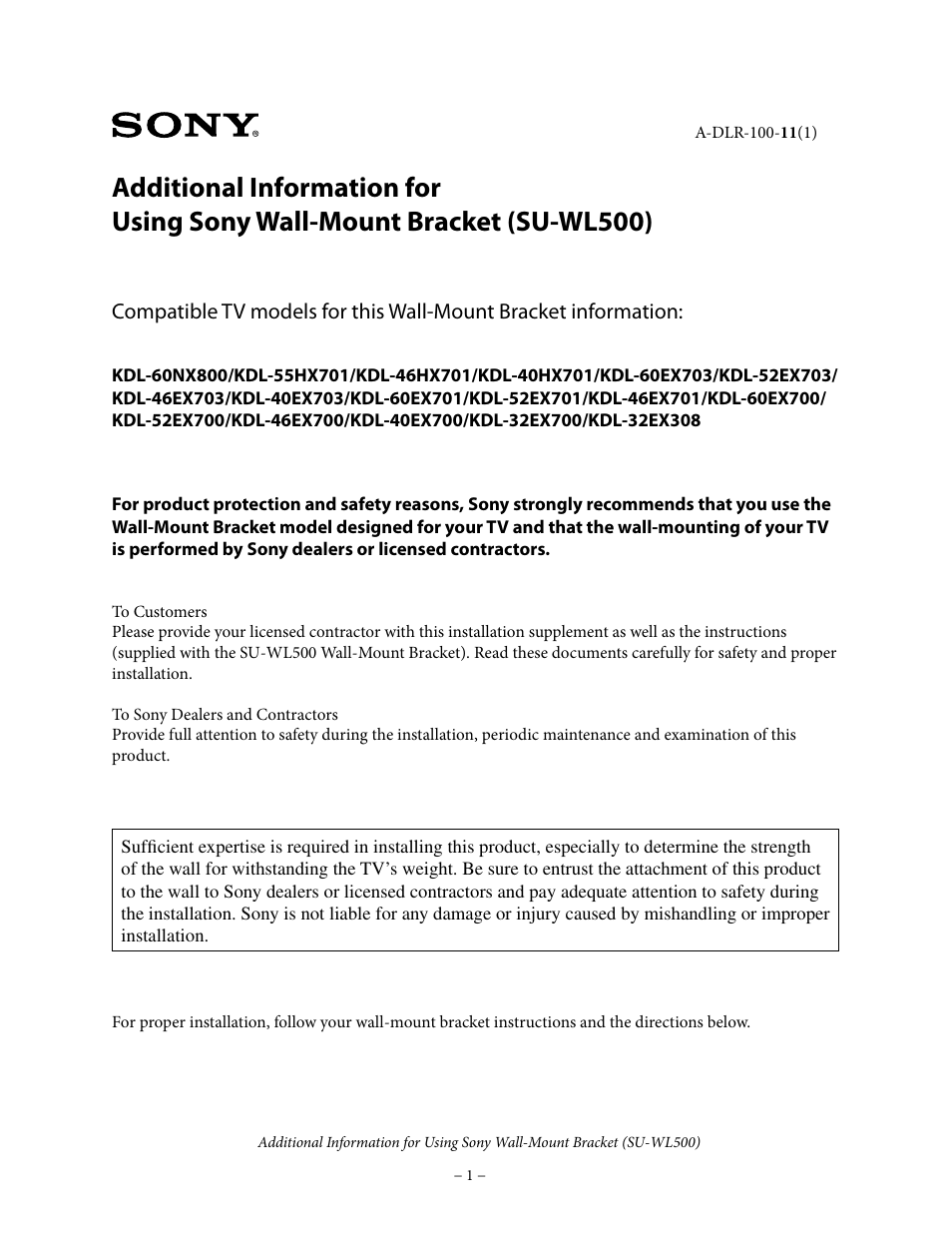 Sony WALL-MOUNT BRACKET SU-WL500 User Manual | 7 pages