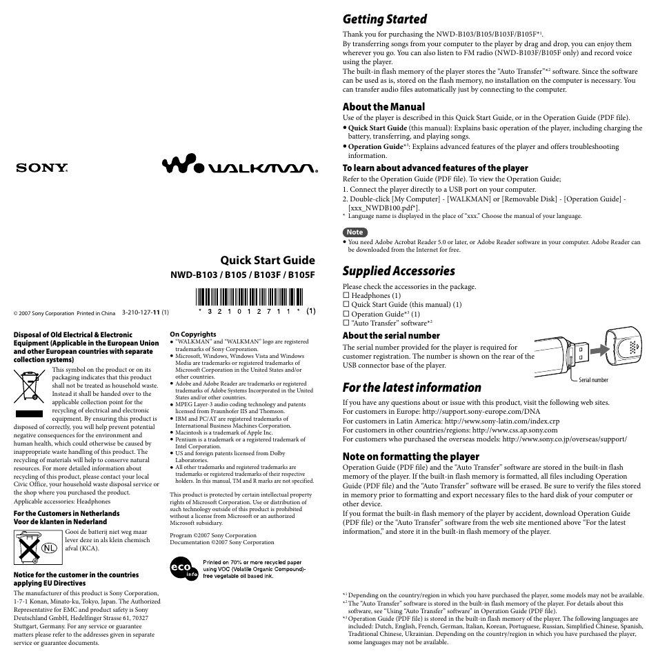 Sony Walkman NWD-B103 User Manual | 2 pages