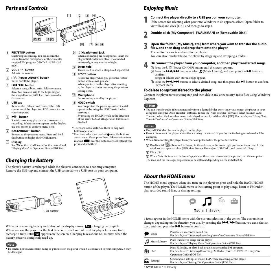 Parts and controls, Charging the battery, Enjoying music | About the home menu | Sony Walkman NWD-B103 User Manual | Page 2 / 2