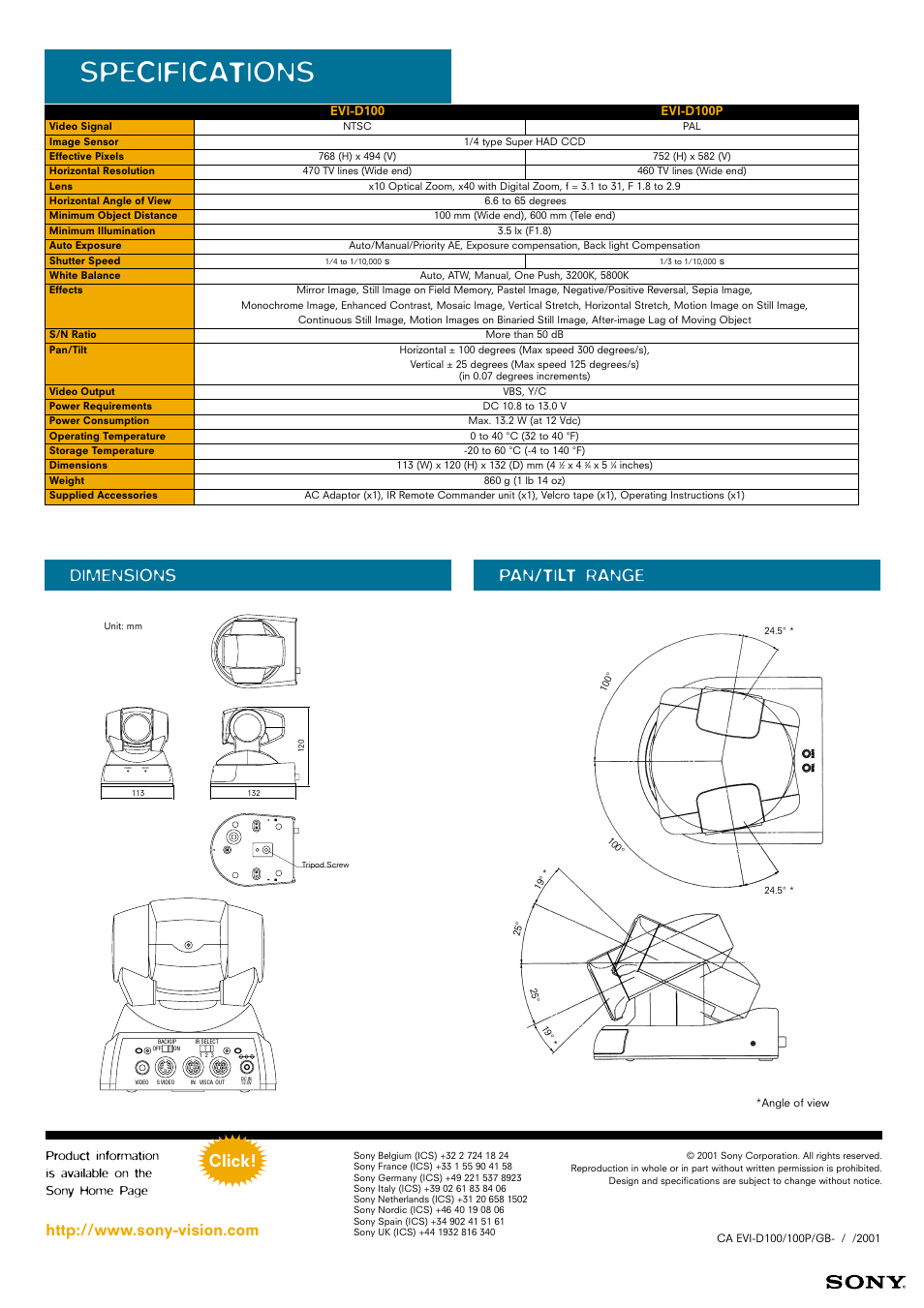 Specifications, Dimensions pan/tilt range, Click | Sony EVI-D100P User Manual | Page 2 / 2