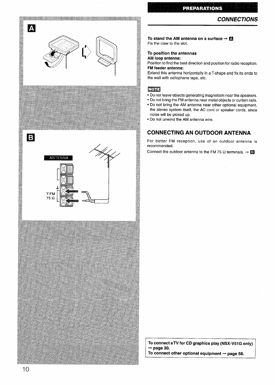 To stand the am antenna on a surface, To position the antennas am ioop antenna, Connecting an outdoor antenna | Sony AIWA NSX-V50 User Manual | Page 10 / 72