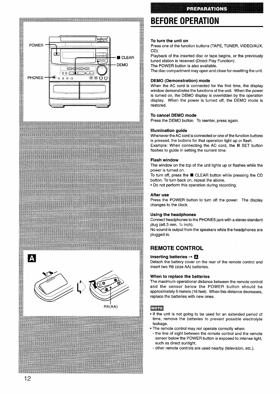 Before operation, To turn the unit on, To cancel demo mode | Illumination guide, Flash window, After use, Using the headphones, Remote control, When to replace the batteries | Sony AIWA NSX-V50 User Manual | Page 12 / 72