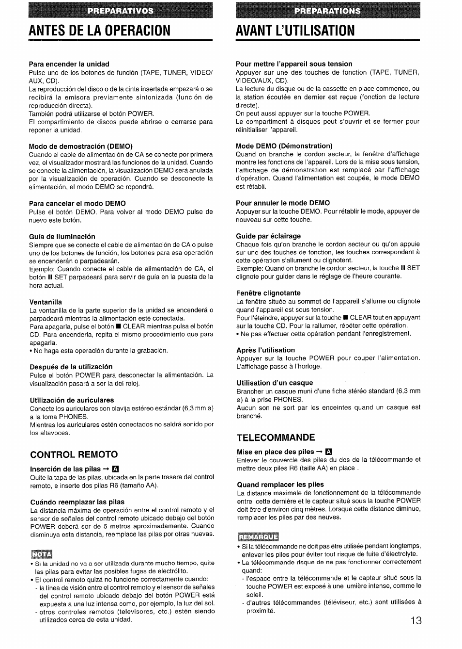 Antes de la operacion, Para encender la unidad, Modo de demostración (demo) | Para cancelar el modo demo, Pour mettre l’appareil sous tension, Mode demo (démonstration), Pour annuler le mode demo, Guía de iluminación, Ventanilla, Después de la utilización | Sony AIWA NSX-V50 User Manual | Page 13 / 72