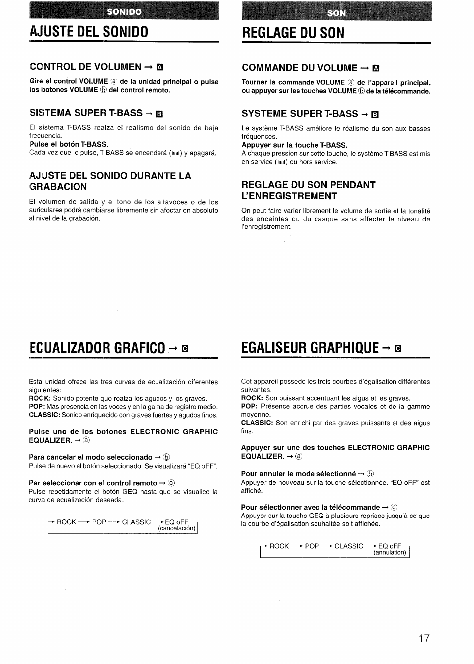 Ajuste del sonido, Reglage du son, Control de volumen | Commande du volume, Sistema super t-bass ^ 0, Ajuste del sonido durante la grabacion, Systeme super t-bass, Reglage du son pendant l’enregistrement, Ecualizador grafico ^ b, Egaliseur graphique ^ b | Sony AIWA NSX-V50 User Manual | Page 17 / 72