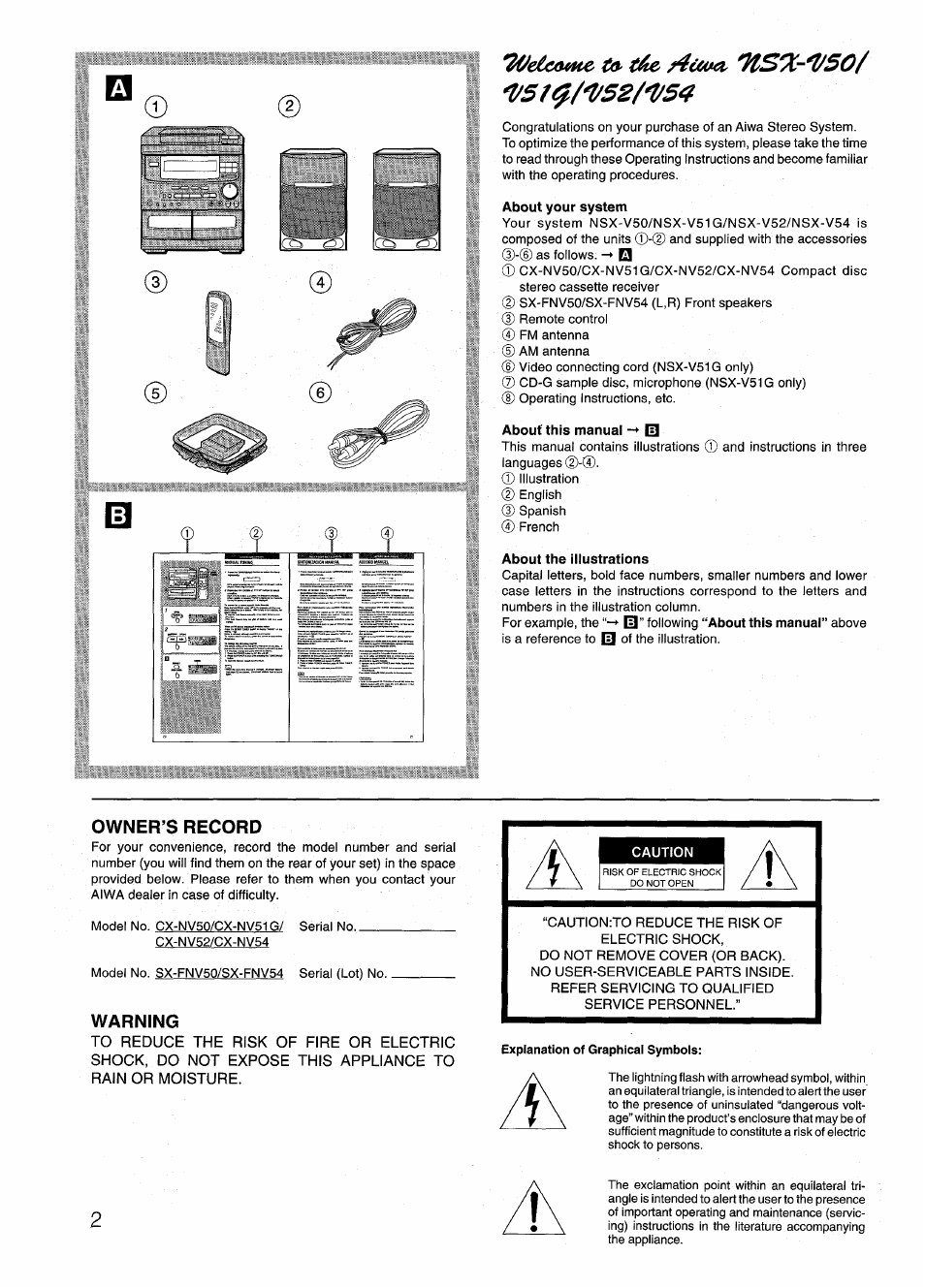 About your system, About this manual -* m, About the illustrations | Owner’s record, Warning, Weiauke't» fife 'tts'x-^50 | Sony AIWA NSX-V50 User Manual | Page 2 / 72