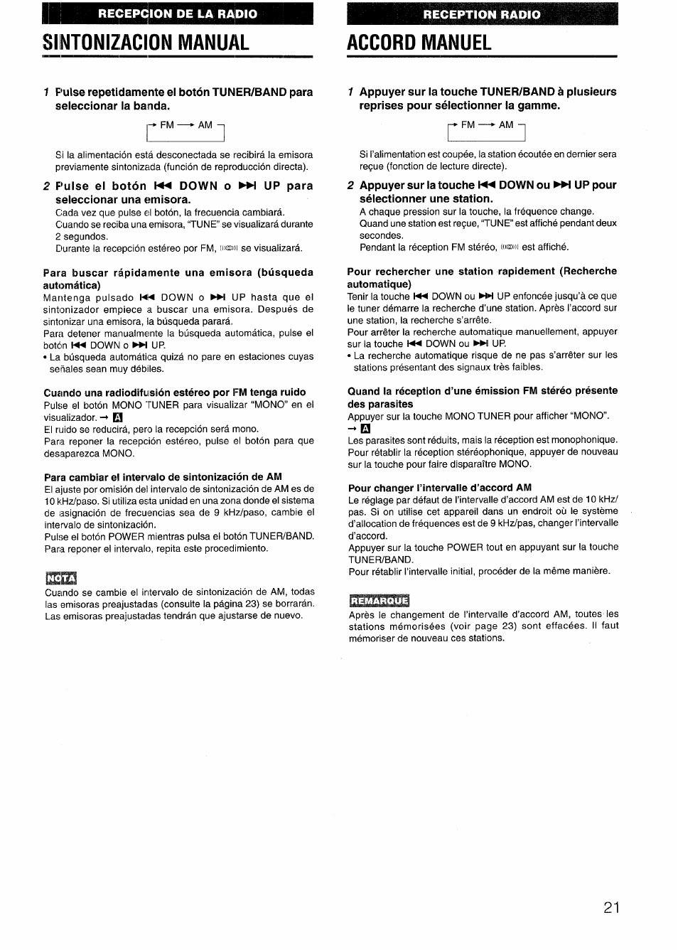 Sintonizacion manual, Para cambiar el intervalo de sintonización de am, Pour changer l’intervalle d’accord am | Accord manuel | Sony AIWA NSX-V50 User Manual | Page 21 / 72