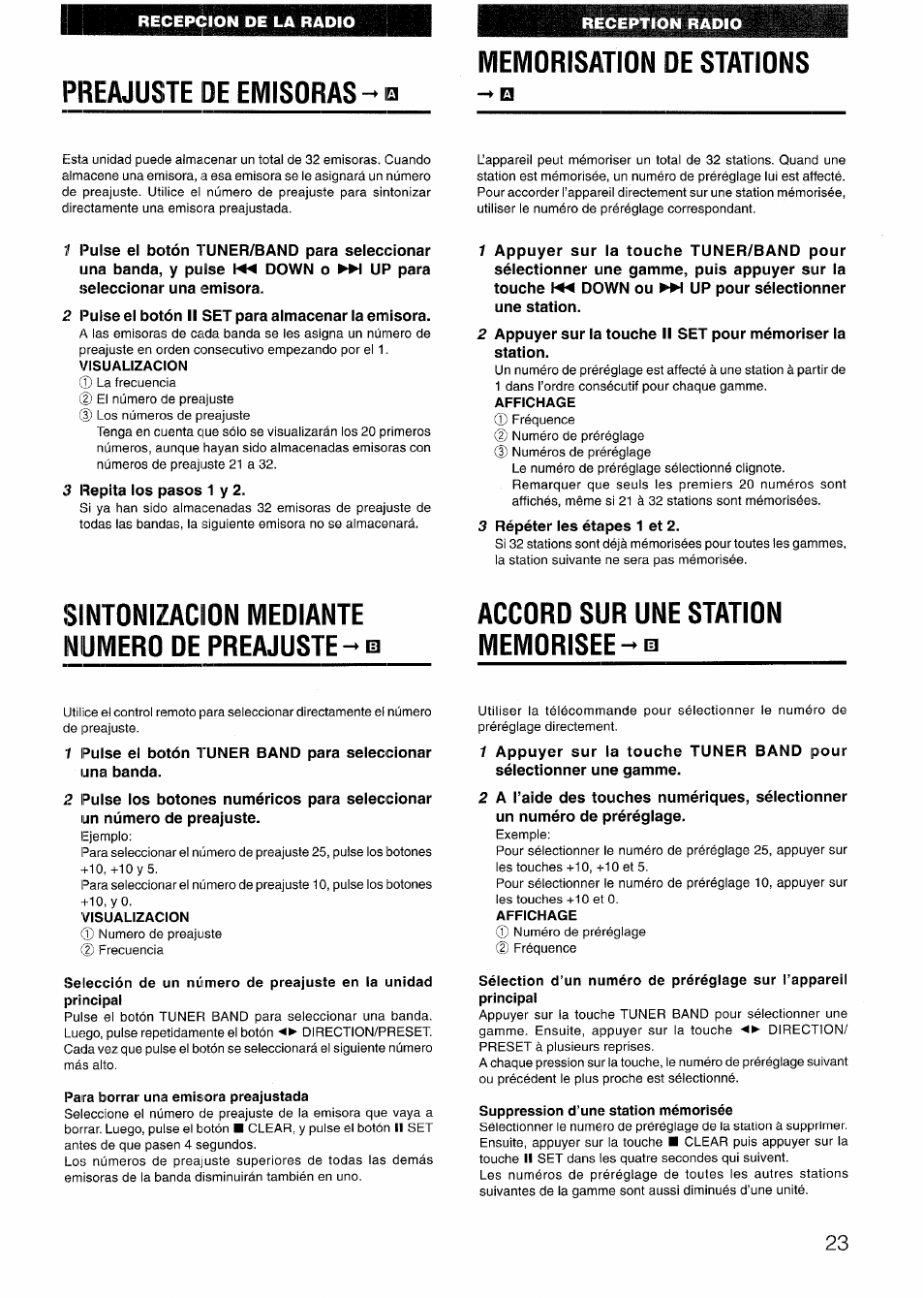 Preajuste de emisoras, Memorisation de stations, Visualizacion | Sintonizacion mediante numero de preajuste, Accord sur une station memorisee, Paira borrar una emisora preajustada, Suppression d’une station mémorisée, Preajuste | Sony AIWA NSX-V50 User Manual | Page 23 / 72
