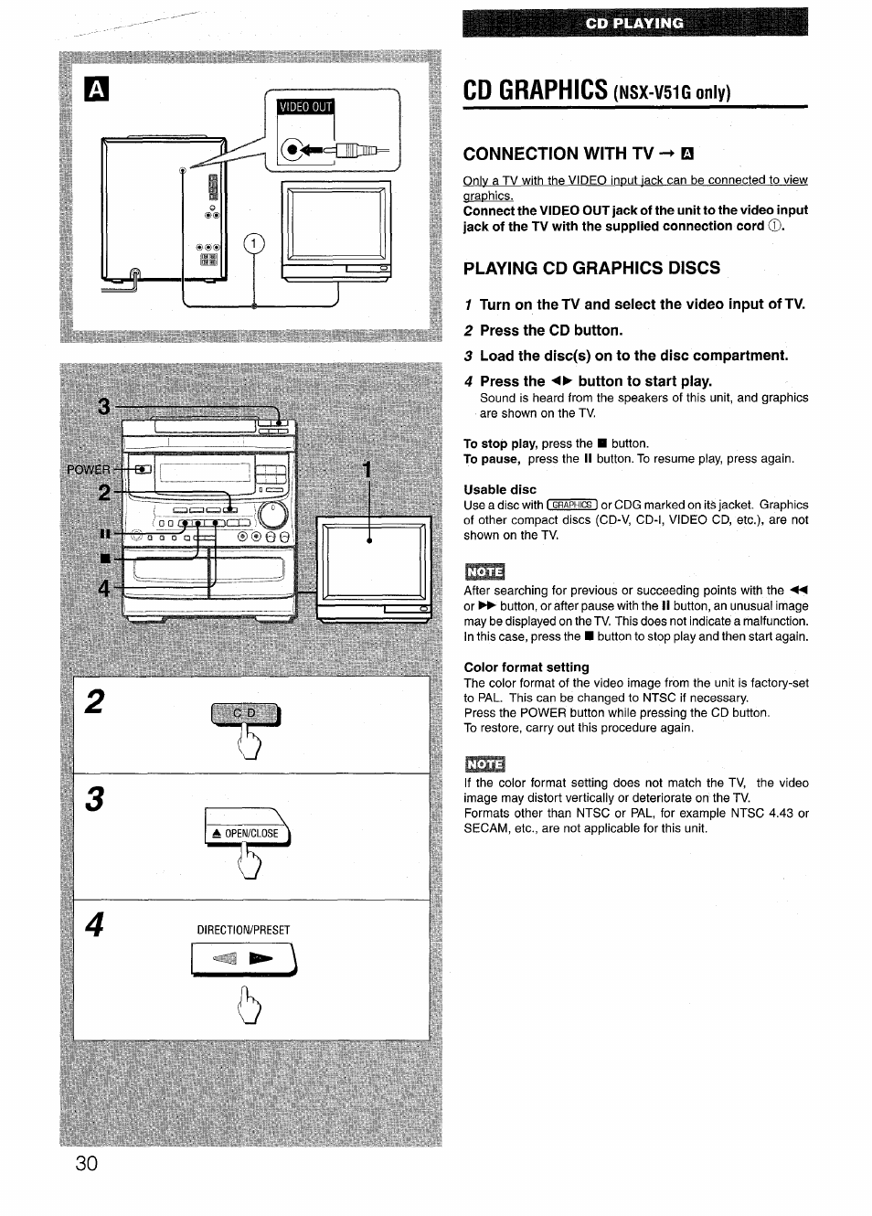 Connection with tv, Playing cd graphics discs, 1 turn on the tv and select the video input of tv | 2 press the cd button, 3 load the disc(s) on to the disc compartment, Cd graphics | Sony AIWA NSX-V50 User Manual | Page 30 / 72