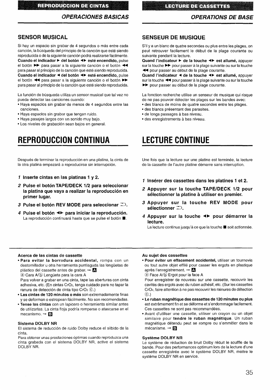 Sensor musical, Senseur de musique, Reproduccion continua | Reproduccion continua lecture continue | Sony AIWA NSX-V50 User Manual | Page 35 / 72